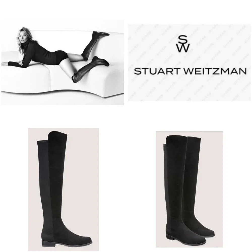 Stuart Weitzman 5050 Black Suede Over The Knee Flat Boots Stretch OTK Women 7.5